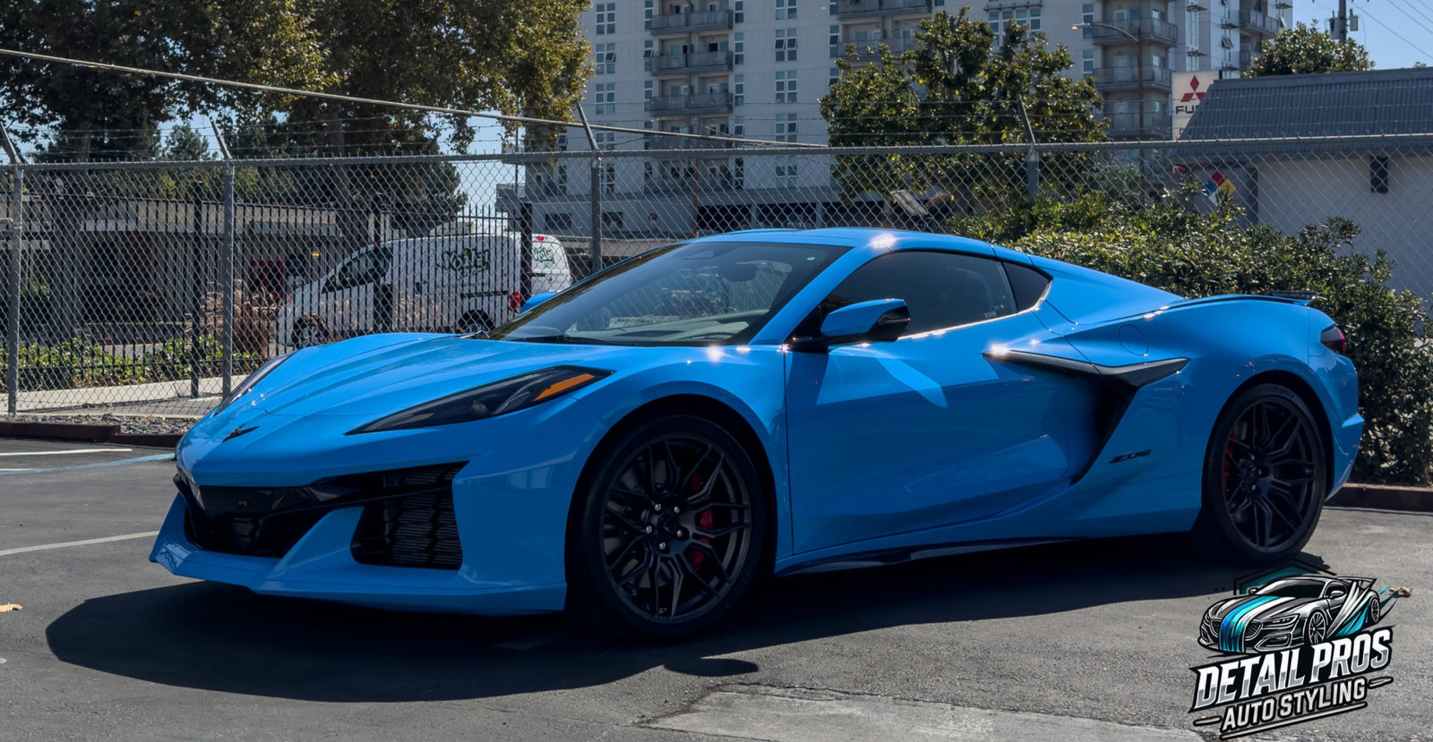 Glossy blue Corvette shown on Detail Pros’ ceramic coating page